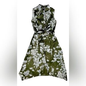 Lafayette 148 NY Olive MiniGingham and White Floral Dress, Sz 12